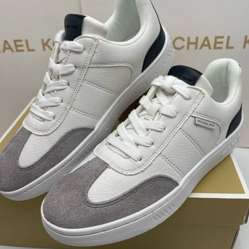 MICHAEL KORS Kai Mixed-Media Sneaker Kai White  Cream and Gray Casual Sneakers